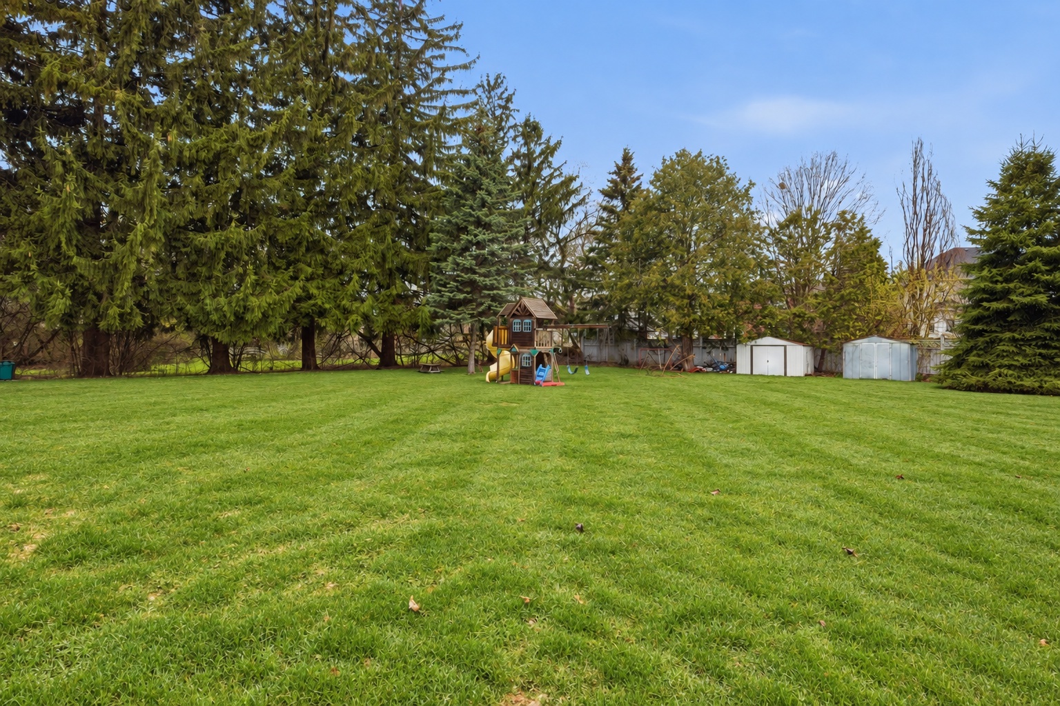 Backyard with grass, trees and a play structure